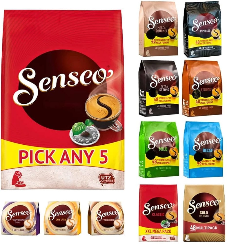 5 Senseo Coffee Packs - Pick Any 5 from 13 Blends Inc: Classic, Espresso, Strong, Extra Strong, Mocca, Mild, Decaf, Mug Size, Cappuccino, Latte and so Many More