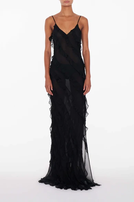 Romantic black silk ruffle maxi chiffon dress - Selena Dress