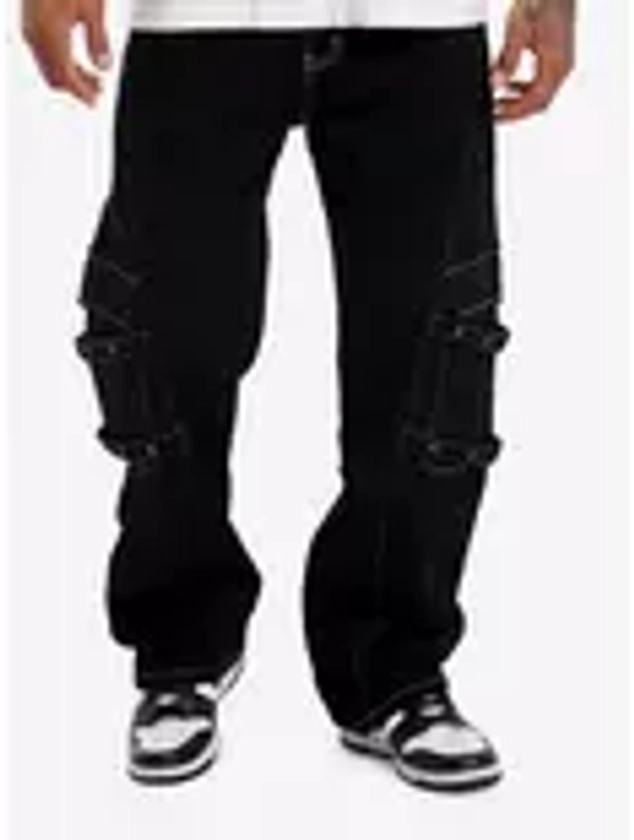 Black & White Contrast Stitch Grommet Strap Cargo Pants | Hot Topic