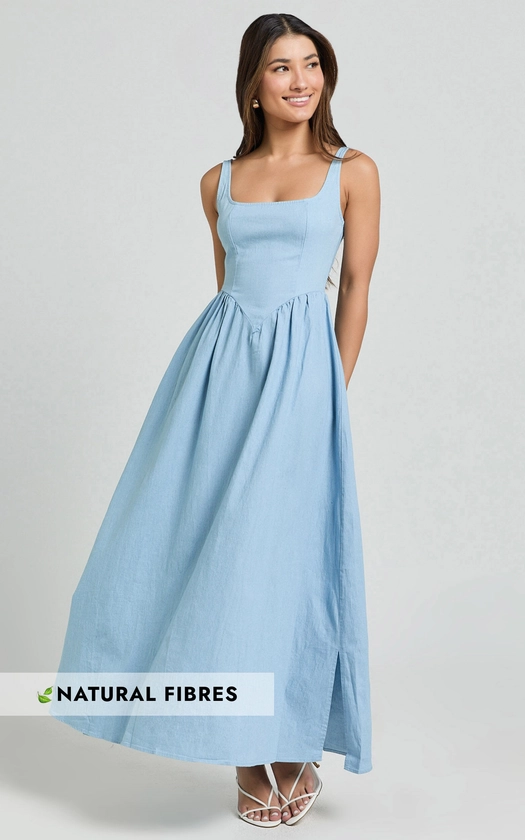 RHAZIYA MIDI DRESS - SLEEVELESS STRAIGHT NECK FIT AND FLARE DRESS IN BLUE