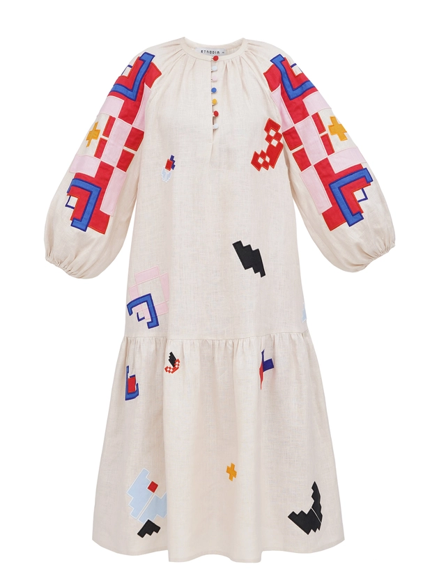 Light linen dress with applique Eva buy in Kyiv, price — Etnodim