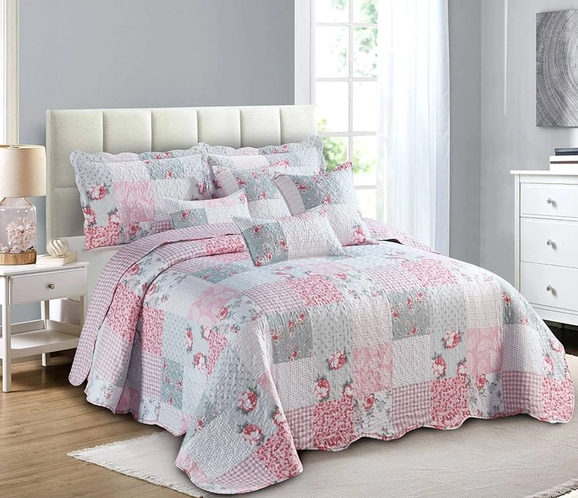 Prime Linens Luxury Quilted Patchwork Bedspread Bed Throw 3 Piece Bedding Set Includes Comforter & 2 Pillow Shams Floral Design Coverlet Embroidered (Floral Grey, King) : Amazon.co.uk: Home & Kitchen