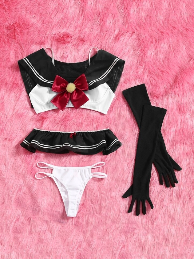 ROMWE Anime 4packs Bow Decor School Costume Set Lingerie