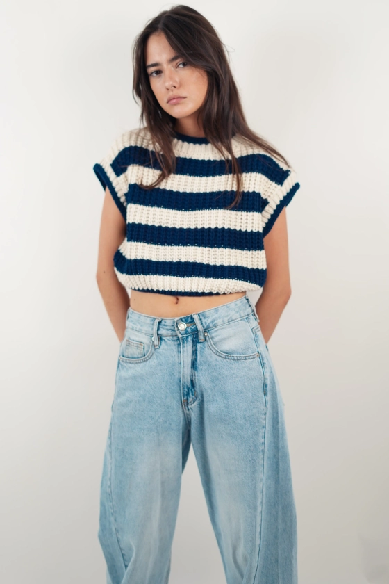 Pull en maille marinière bleu et beige