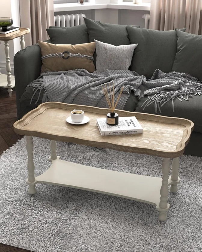 VONLUCE French Country Farmhouse Coffee Table,40'' Farmhouse Rustic Unfinished Wood Tray Top Vintage Coffee Table for Living Room Dining Room Bedroom Beige