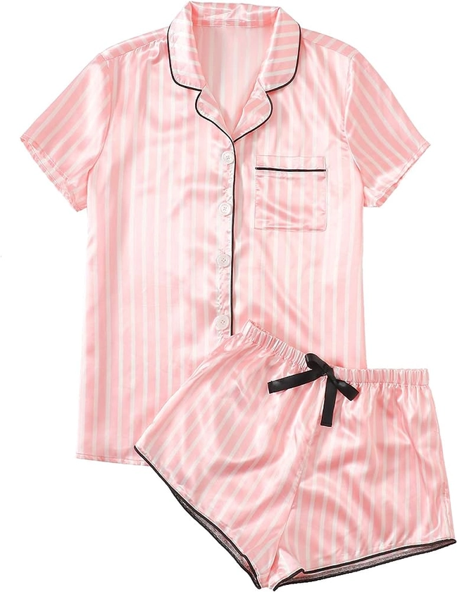 WDIRARA Women's Satin Sleepwear Short Sleeve Button Shirt and Shorts Pajama Set Silky PJ