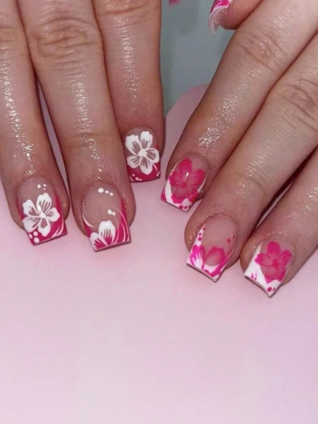 Upgrade Your Look With 24pcs Short Square Pink & White Double-Layered Flower French Design Shiny Full Coverage Artificial Nail Pieces - Romantic Spring And Wind-Themed False Nails Suitable For Spring And Summer Wearing Press On Nails Nail Supplies | SHEIN