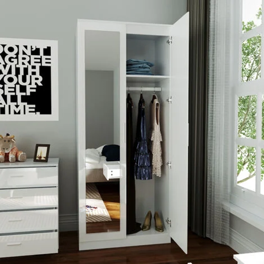 ELEGANT White Wardrobe Storage with Mirror High Gloss Bedroom Furniture Soft Close Door Shelf and Hanging Rod