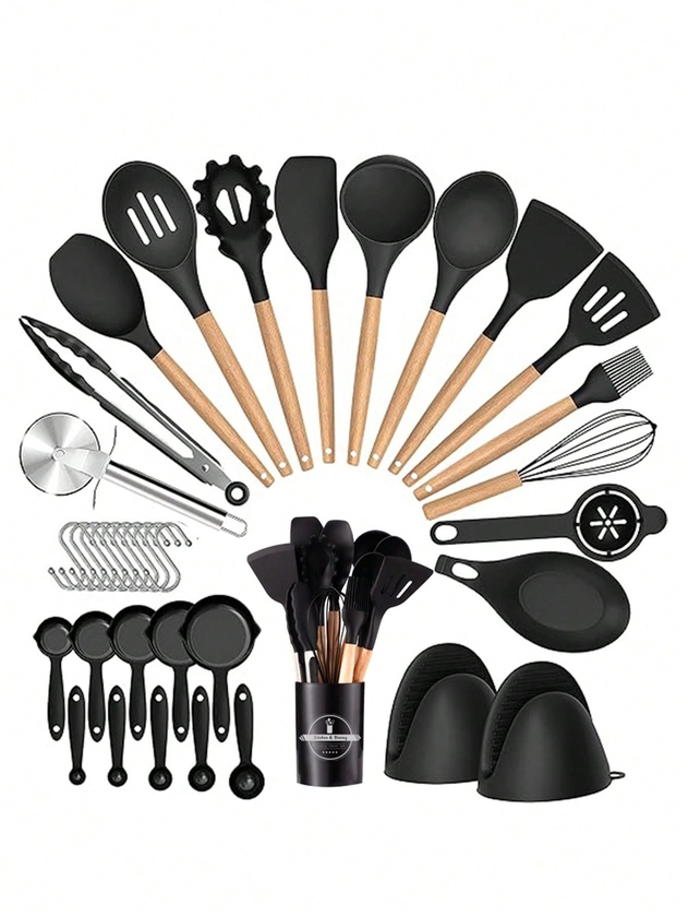 36pcs Set,36pcs Silicone Kitchen Cooking Utensils, Heat-Resistant Cooking Utensils Set Of Wooden Handles, Non-Stick Kitchen Gadgets, Including Scraper Spoons, Pizza Knives,  Kitchen Stuff Clearance Kitchen Accessories Home Kitchen Items
