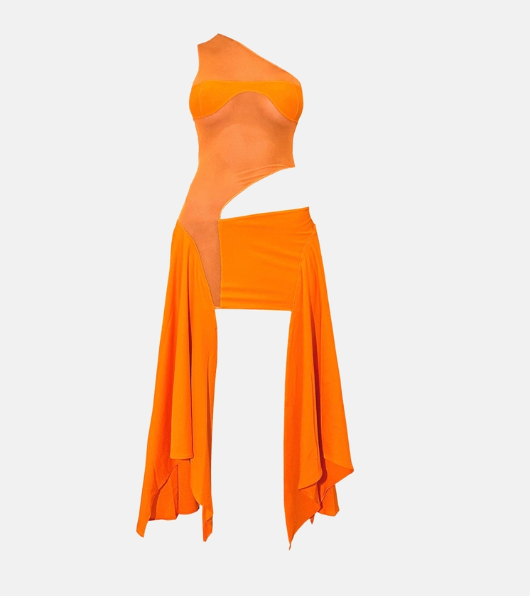 Orange Tricot/ Mesh Cut Out Dress