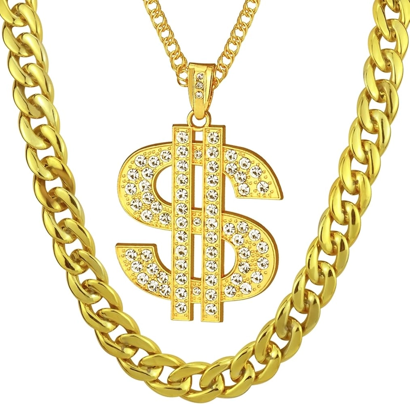 2 Pcs Dollar Sign Pendant Necklace Plastic Fake Chain Set Small Acrylic Hip Hop Rapper Faux Chunky Chain for 80s 90s Costume Jewelry Punk Style for Men Women