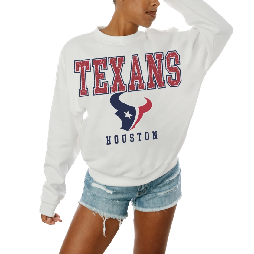 Women's Gameday Couture White Houston Texans Sunday Drives Oversized Crewneck Pullover Sweatshirt