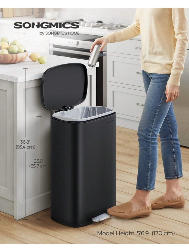 SONGMICS 13 Gallon/ 50L Trash Can, Waste Bin, Stainless Steel Kitchen Garbage Can, Recycling or Waste Bin, Soft Close, Step-On Pedal, Removable Inner Bucket, Kitchen, Bedroom, Hall 16.7”L x 12.5”W x 25.9”H, Silver, White, Black