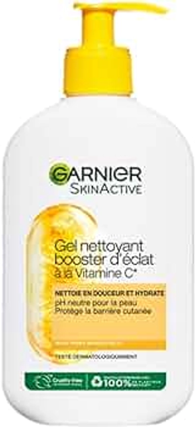 GARNIER Skin Active - Gel Nettoyant Booster D'Éclat - pH Neutre - Démaquille En Douceur, Hydrate & Illumine - Enrichi En Vitamine C & Glycérine - Vegan & Cruelty Free - Tous Types de Peaux - 250 ml