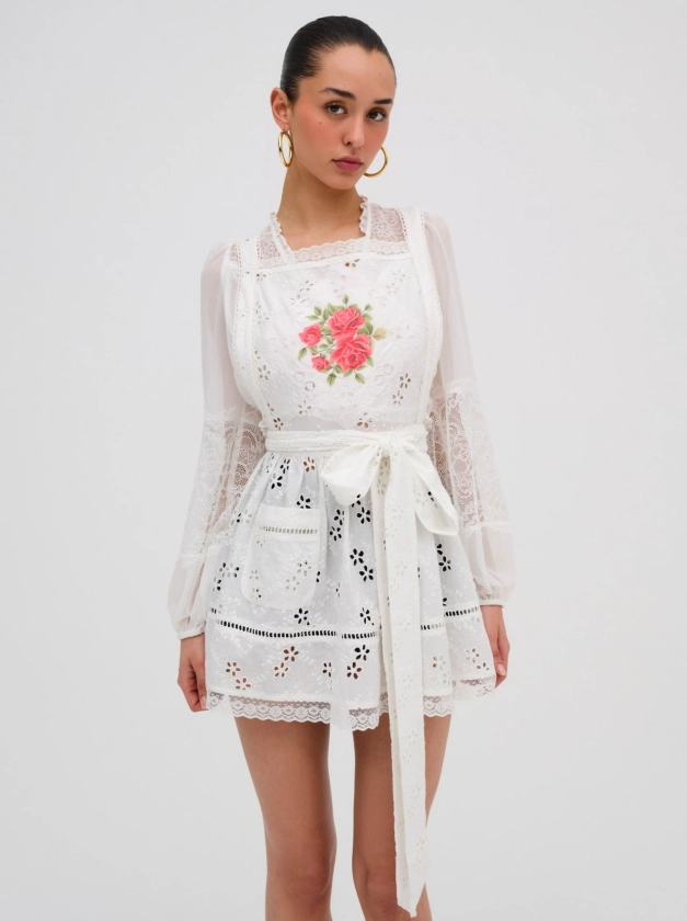 Rose Embroidered Apron — White