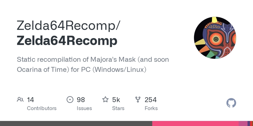 GitHub - Zelda64Recomp/Zelda64Recomp: Static recompilation of Majora's Mask (and soon Ocarina of Time) for PC (Windows/Linux)