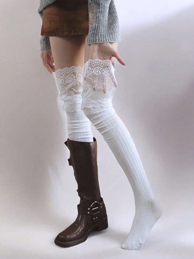 1 par de calcetines de rodilla de encaje blanco tejido para mujer, combinados con botas largas para uso de moda, realzando la forma de piernas, calcetines largos, adecuados para uso diario