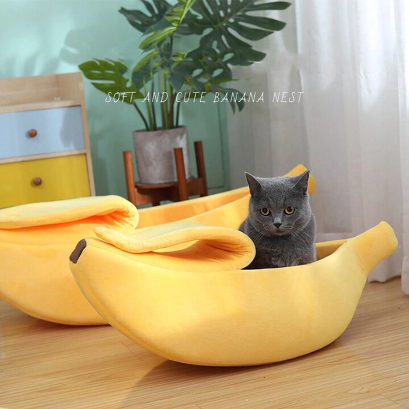 1pc Adorable Yellow Banana Shaped Washable & Warm Pet Bed, Suitable For Cat Of All Sizes, All Seasons
