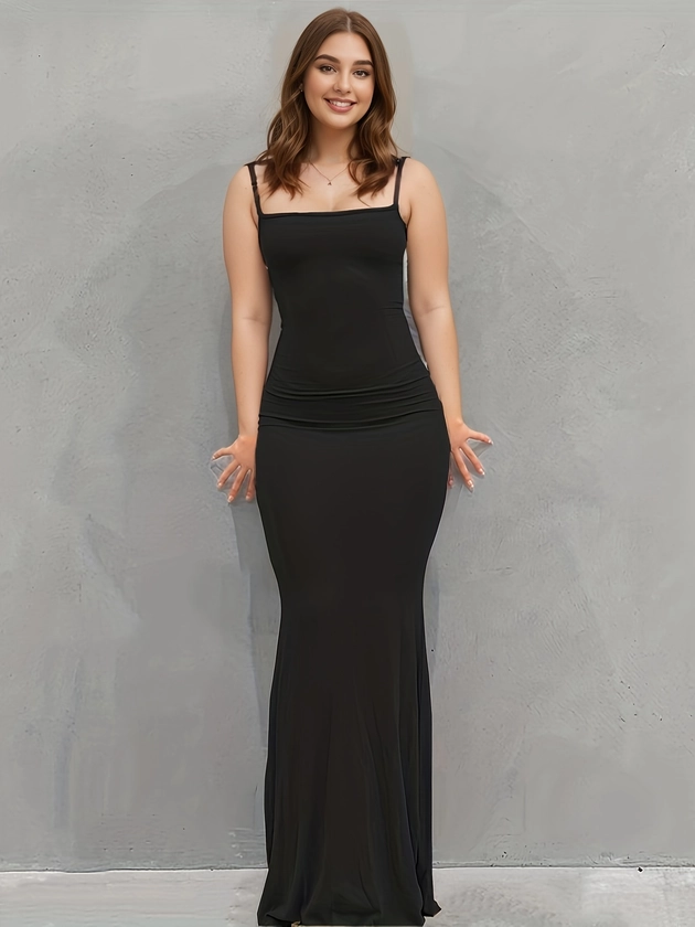 Plus Size Sexy Summer Dress, Women&#39;s Plus Plain Medium Stretch Maxi Slim Fit Cami Dress
