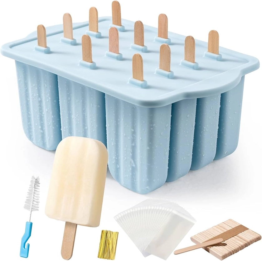 Popsicles Molds, MEETRUE 12 Pieces Silicone Popsicle Molds Easy-Release BPA-free Popsicle Maker Molds Ice Pop Molds Homemade Popsicle Ice Pop Maker with 50PCS Popsicle Sticks+Cleaning Brush