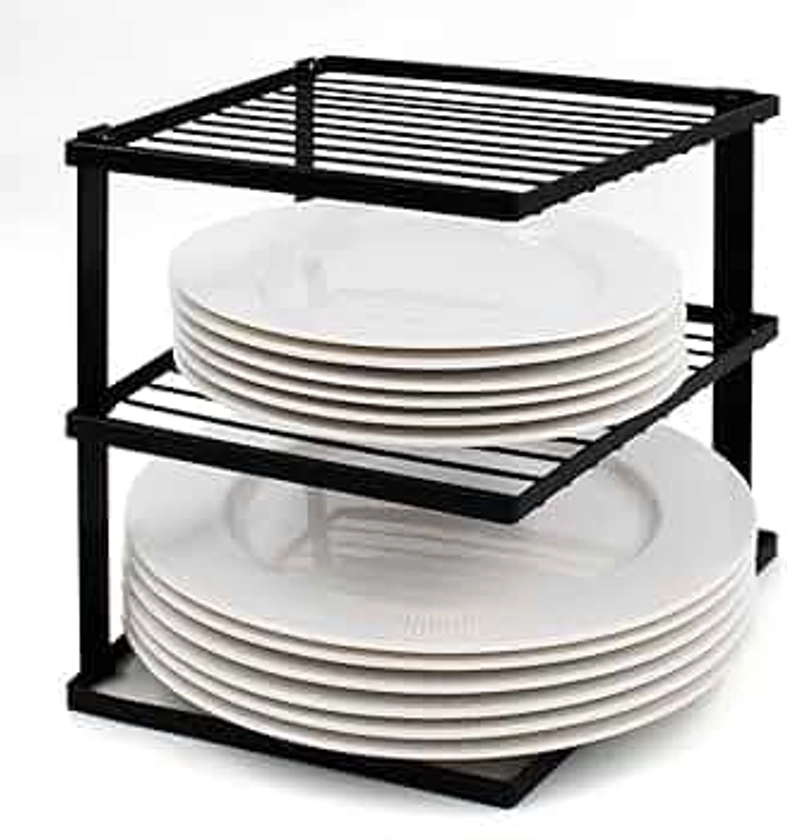 joeji's Kitchen No-Wobble Plate Rack for Kitchen Cupboard Storage Corner Plate Rack Cupboard Shelf Organiser 25x25x19cm - Black