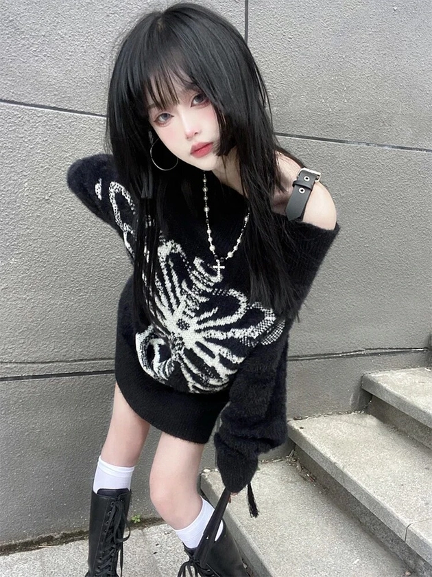 Suéter Grunge de estética Y2k para mujer, jersey negro con hombros descubiertos, estampado de Calavera, gótico, Harajuku, prendas de punto sueltas, 2023 - AliExpress