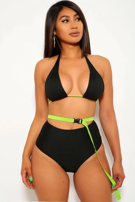 Black Neon Lime Belted Two Piece Swimsuit