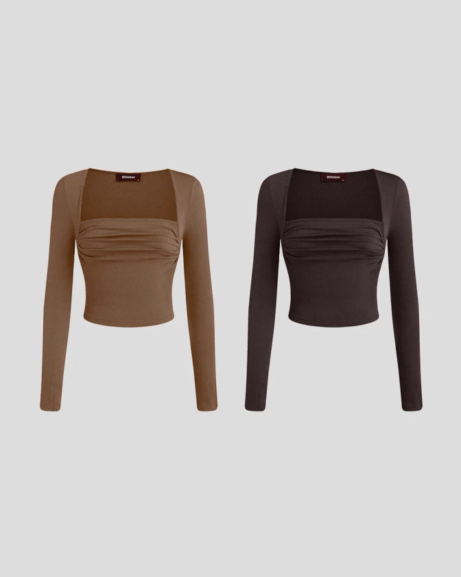 Combo : Square Neck Ruched Long Sleeve Top In Light Brown & Dark Brown
