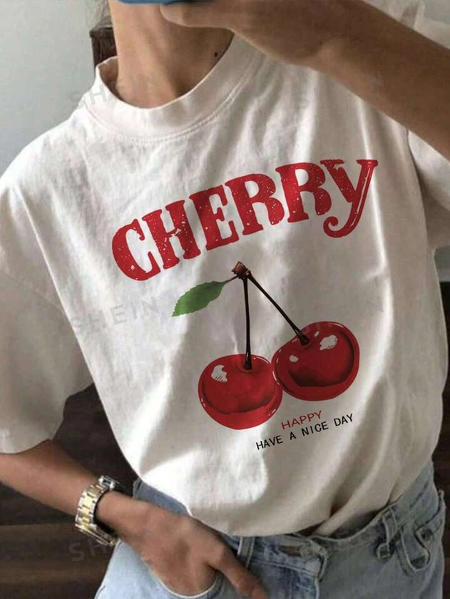 SHEIN EZwear Oversized Cherry Print White Round Neck Short Sleeve T-Shirt, Casual And Simple, Super Loose Fit, Summer Women's Shirt | SHEIN USA