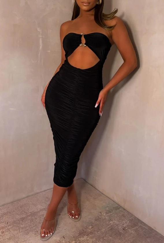 You're My Style Black Buckle Detail Ruched Bandeau Maxi Dress