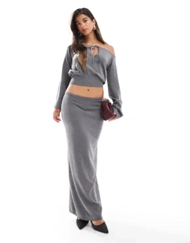 SNDYS knit off shoulder tie detail top and low rise maxi skirt co-ord in grey | ASOS