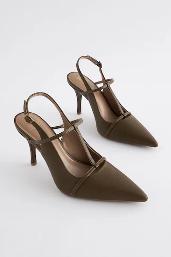 Khaki Green Forever Comfort® Leather T-Bar Point Toe Heels