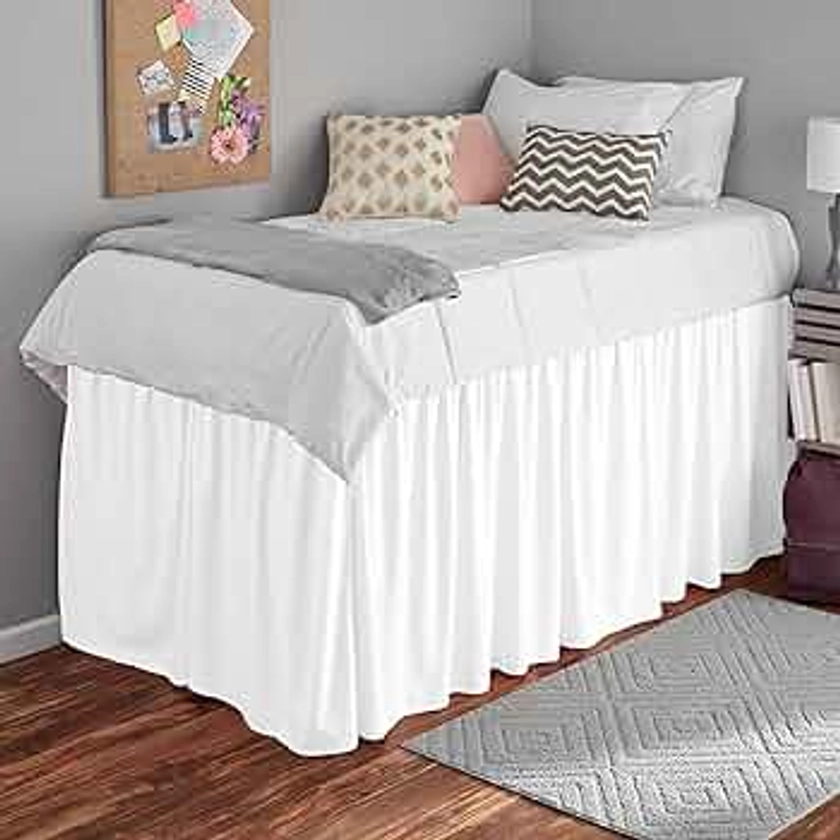 Dorm Room Bed Skirt, Bed Skirt for Dorm Room, Ruffled Dorm Sized Bed Skirt Three Fabric Sides Dorm Bed Skirt, Pure Cotton 800 TC, Dorm Bed Skirt Twin XL 40" Drop, White Solid
