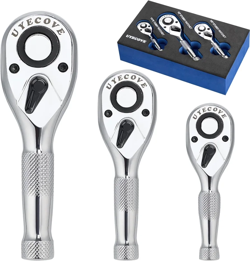 3-Piece Ratchet Set, 1/4", 3/8", 1/2", Mini Stubby Wrench Set with XIPE Storage Tray, Professional Quality, Durable, Wide Usage