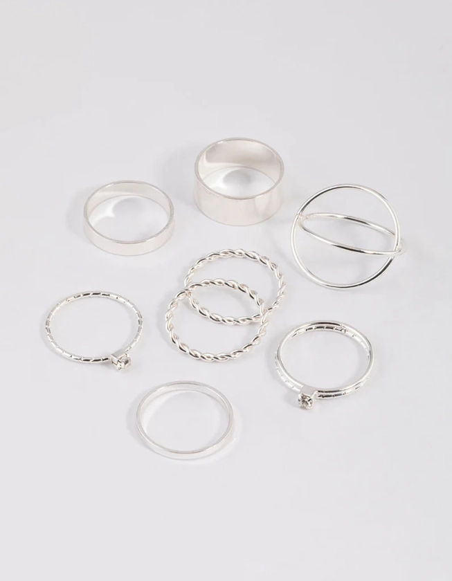 Silver Thick & Diamante Ring 8-Pack