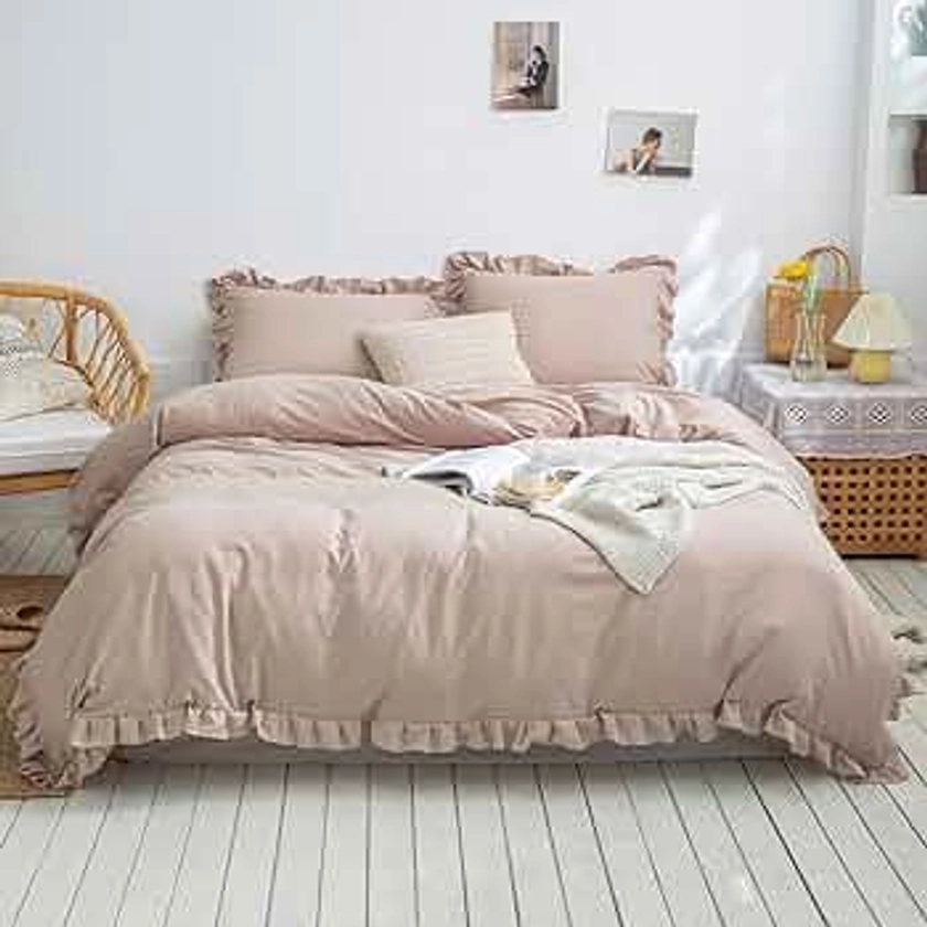 Herside Taupe Ruffle Duvet Cover Set Double Boho Farmhouse Bedding Sets Ruffled Fringe Decor Soft Microfibre Bedding with 2 Pillowcases (Taupe,Double)