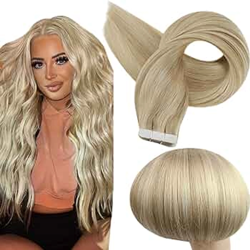 Full Shine Tape in Hair Extensions 20 Inch Tape in Human Hair Remy Hair Tape in Extensions Color 16/22 Golden Blonde Highlighted Light Blonde Hair Extensions 50 Gram 20pcs Seamless Skin Weft Hair