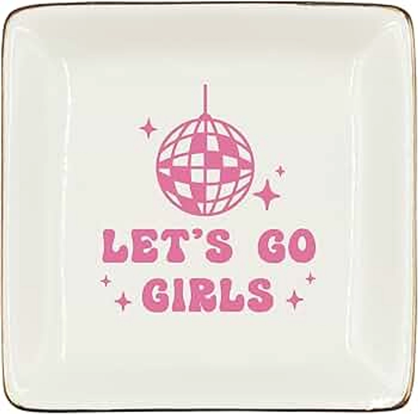Preppy Western Ceramic Jewelry Tray Dish, Pink Cowgirls Jewelry Plate, Let's Go Girls Preppy Cowgirl Disco Ball Ceramic Ring Trinket Dish, Cowgirl Birthday Gift For Women Cowgirls