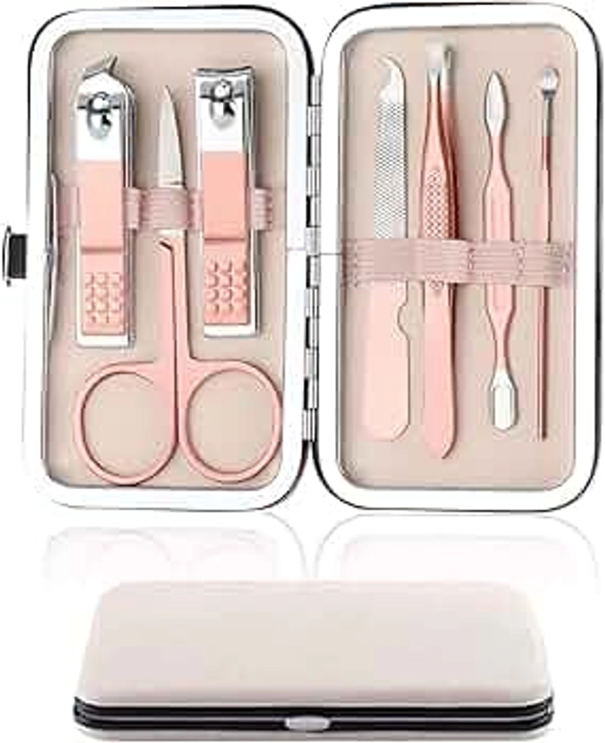 Nail Clipper Manicure Set, 7 In 1 Stainless Steel Professional Pedicure Kit Nail Scissors Grooming Kit with Black PU Leather Case for Travel & Home Use (Pink Leather)