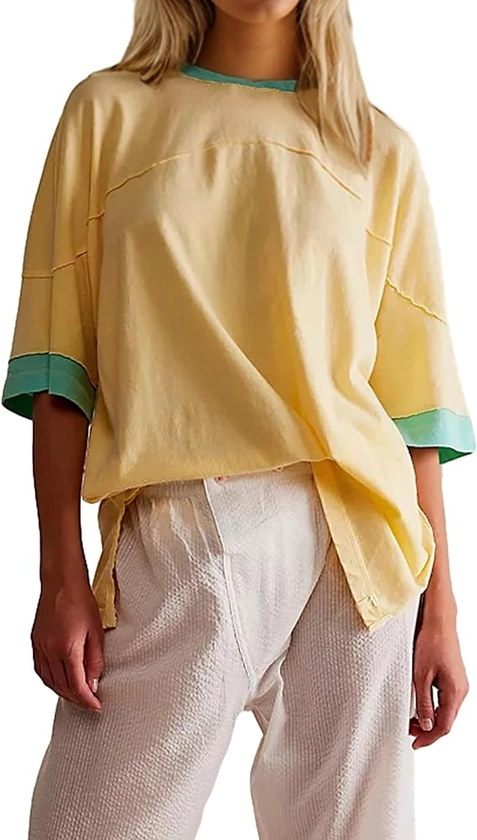 TERIVEEK Women Oversized Color Block Short Sleeve T Shirt Crewneck Patchwork Split Hem Shirt Casual Loose Y2K Summer Tee Top