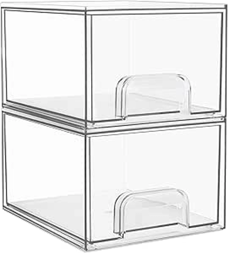 Vtopmart 2 Pack Stackable Storage Drawers, Acrylic Organiser with 16 Non-slip Mat, Bathroom Organiser Storage for Dresser, Bathroom