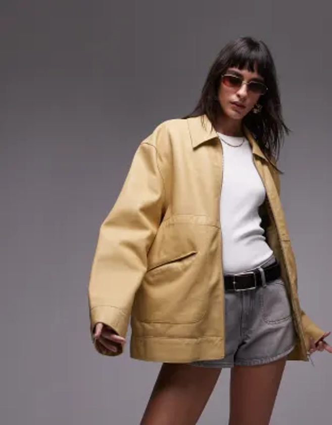 Topshop - Blouson Harrington en cuir véritable de qualité supérieure - Jaune | ASOS