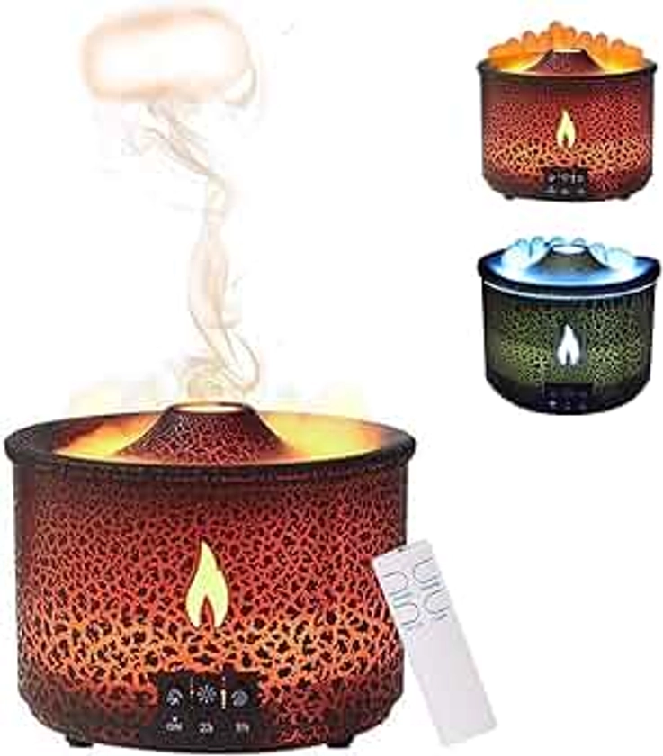 Volcano Humidifier Quiet Flame Diffuser: 300ml Spray Humidifier with 2 Modes Fire Mist Waterless Auto Shut Off Aromatherapy Diffuser with Remote Control for Bedroom Home, Office(Red & Blue)