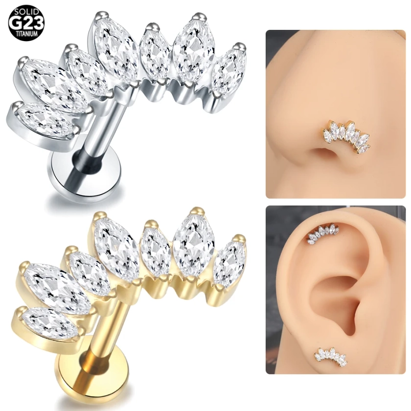 Piercing Labret en Clip de Titane G23, Anneau Jules, Filetage Interne, CZ, Cartilage, Helix, Lobe, Conque, Boucle d'Oreille, Bijoux, 1 Pièce - AliExpress