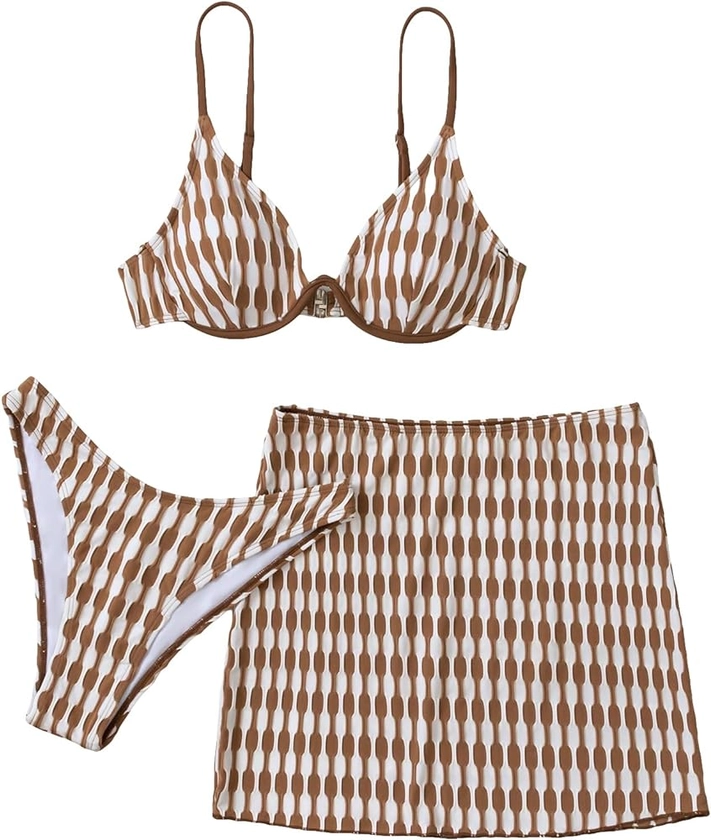 Floerns Women's 3 Piece Bathing Suit Allover Print Swimwear Bikini Swimsuit with Beach Skirt