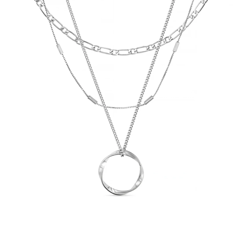 Open Circle Three Row Necklace - Silver