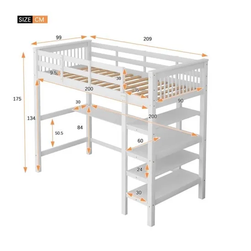 Lit mezzanine enfant 90x200cm avec bureau et étagère de rangement en bois massif Blanc