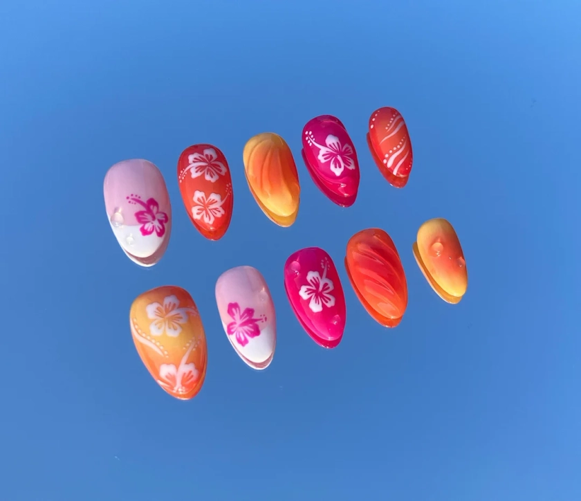 Hibiscus Short Almond Press on Nails, Hawaiian theme flowers, airbrush aura pink magenta yellow orange flower, 3D drops, tropical beach vibe