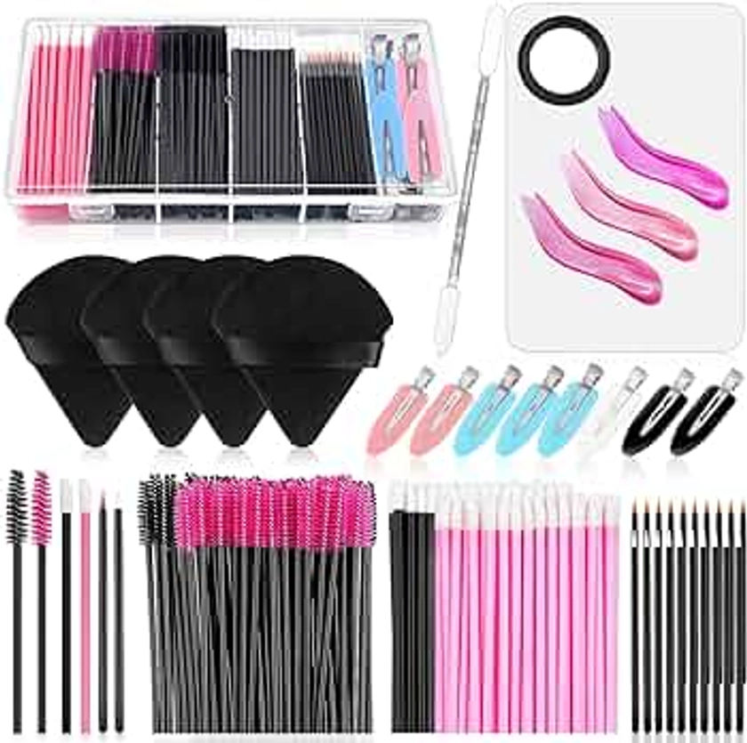 Disposable Makeup Applicators Kit with Triangle Puff Mixing Palette, Artist Supplies Disposable Mascara Wands, Lip Brushes, Hair Clips Powder Puffs for Face with Storage Box