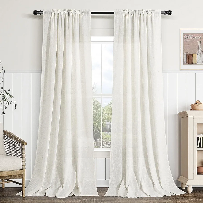 Natural Linen Curtains 84 Inch Length 2 Panels for Living Room Rod Pocket Semi Sheer Boho Bedroom Curtain Privacy Ivory Cream White Farmhouse Linen Curtain Drapes Floor Length 84 Inches Long 7 FT